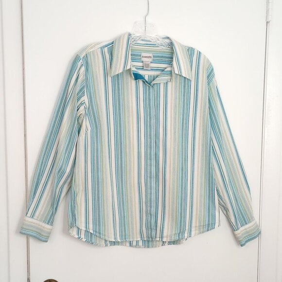 Chico's Blue & Green Pinstriped Button Front Shirt - Picture 1 of 6
